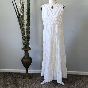 Roaman's Off White Eyelet and Knit Fully Lined Sleeveless Maxi Dress